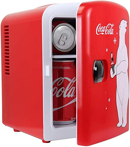 Coca-Cola Mini Fridge Cooler and Warmer  4 Liter 6 Can Capacity  Thermoelectric Portable Cooler  12V DC 110V AC Plugs Included - Great for Home  Skincare  Cosmetics  Medication  ETL Listed