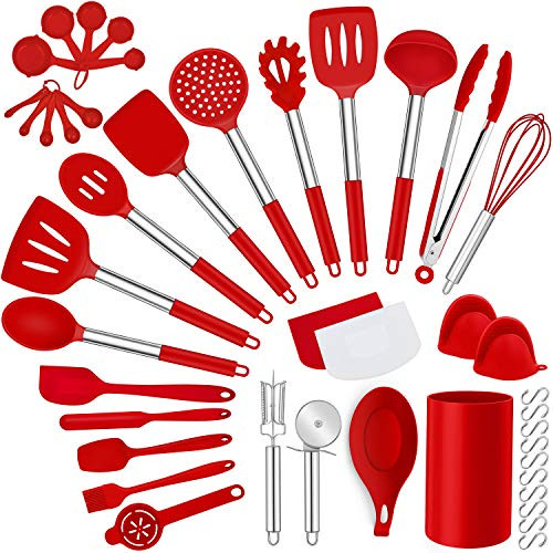 LIANYU 43 Pcs Kitchen Cooking Utensils Set  Silicone Cooking Utensils Spatula Set with Holder  Heat Resistant Kitchen Gadgets Tools for Nonstick Cookware Set  Stainless Steel Handle  Red