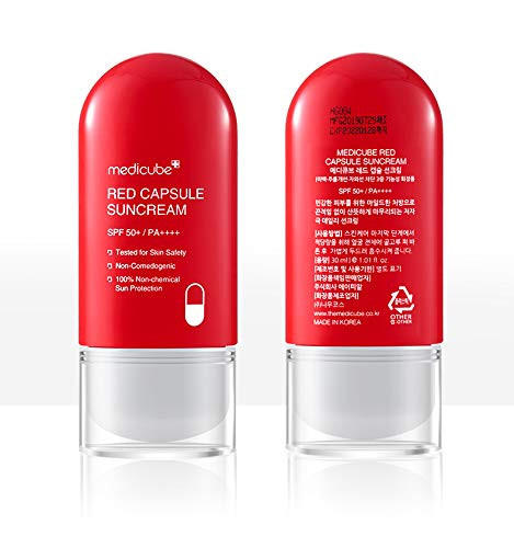 Medicube Red Capsule Suncream  Tested For Skin Safety  100% Non- Chemical Sun Protection SPF 50Plus PAPlusPlusPlusPlus Sunscreen Cream  Sun Blocking Resistant Sunlight High Protection Soothing Lotion  30ml