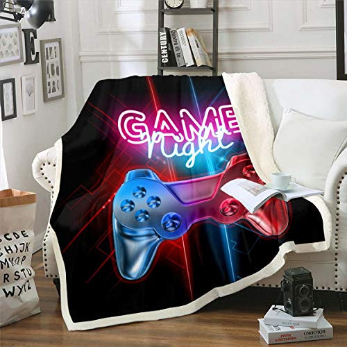 Boys Gamepad Fleece Blanket Gamer Sherpa Throw Blanket for Sofa Couch Bed Decor Modern Video Game Controller Warm Plush Blanket Cool Blue Red Action Buttons Fuzzy Blanket Ultra Soft Twin 60"X80"