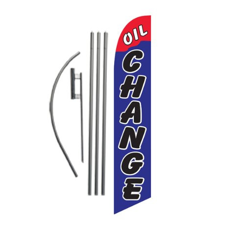Oil Change Advertising Feather Banner Swooper Flag Sign with 15 Foot Flag Pole Kit and Ground Stake  Red and Blue