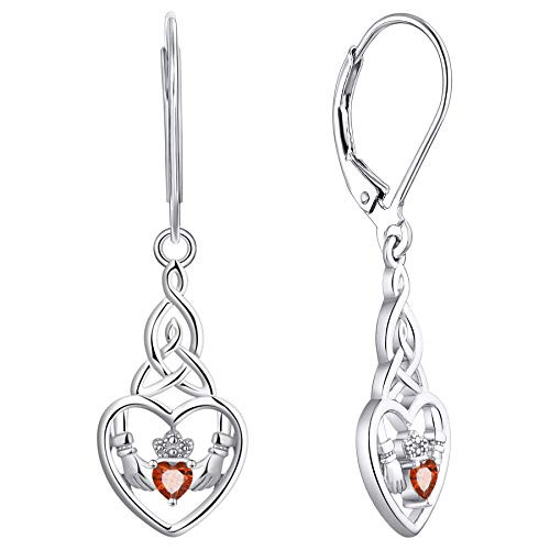 JO WISDOM Women Earrings 925 Sterling Silver Irish Celtic Claddagh Love Heart Drop  and  Dangle Leverback Earrings with 5A Cubic Zirconia January Birthstone garnet red Color