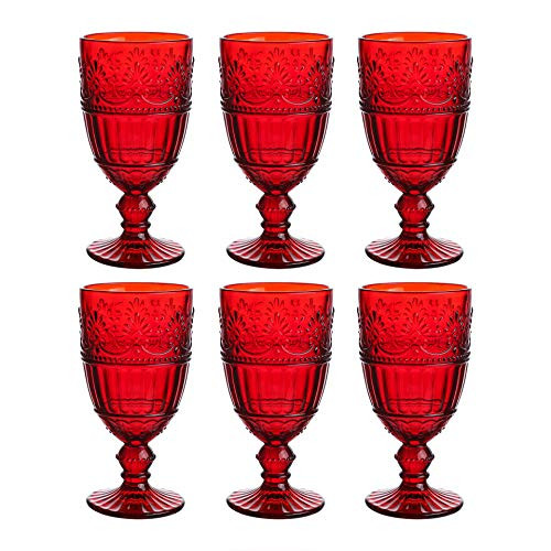 11 Ounce Colored Glass Goblet-Vintage Embossed Glass Goblet-Goblet Beverage Glasses for Wedding and Party Set of 6 Red