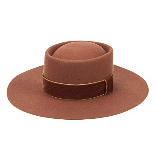 Fedora for Women Wool Felt Boater Hat Flat Top Pork Pie Style Wide Brim Adjustable Vintage Classic Rust Red