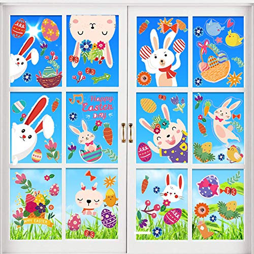 144PCS Easter Day Window Clings Decorations, Bunny Eggs Removable PVC Easter Window Decal Stickers for Wall Door Floor Decor Easter Home Party Decorations