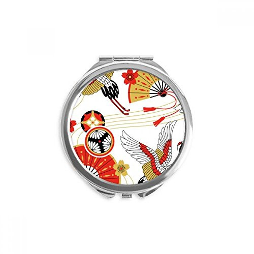 Crane Folding Fan Sakura Pattern Hand Compact Mirror Round Portable Pocket Glass