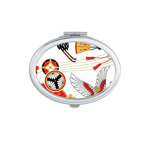Crane Folding Fan Sakura Pattern Oval Mirror Portable Fold Hand Makeup Double Side Glasses