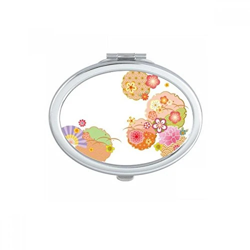 Folding Fan Sakura Pattern Geometry Oval Mirror Portable Fold Hand Makeup Double Side Glasses