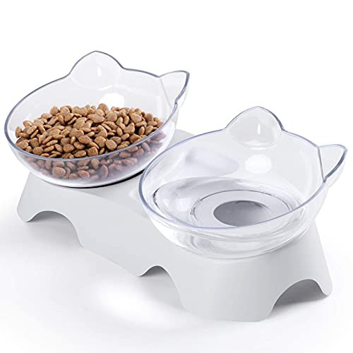 MILIFUN Cat Bowls, Cat Food Bowls Elevated, Double Kitty Bowls with 15Tilted Raised Cat Dishes, Pet Feeding Bowl for Small cat and Puppy -White-