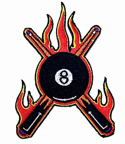 Billards Flaming Fire on Pool Sticks and Eight Ball - Novelty Embroidered Biker Jacket Patch - Iron on Backing or Sew On