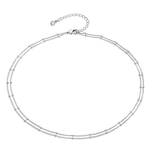 Silver Dainty Layered Satellite Chain Choker Necklace,14K Gold Plated Cute Tiny Beaded Ball Plain Simple Chain Minimalist Choker Necklace