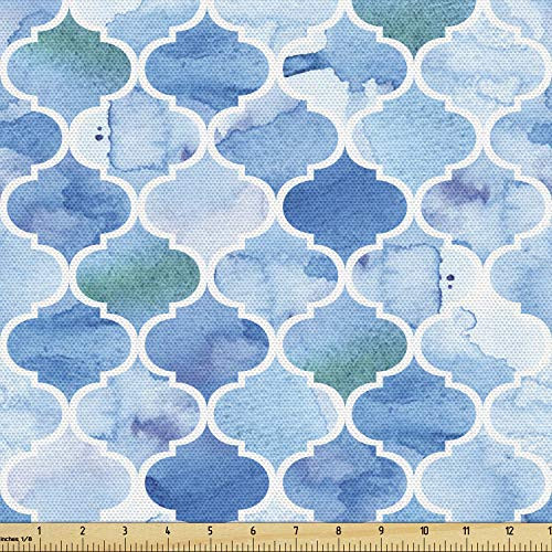 Ambesonne Moroccan Fabric by The Yard, Oriental Style Mosaic Pattern in Watercolor Paint Retro Style Artwork Print, Decorative Fabric for Upholstery and Home Accents, 1 Yard, Pale Blue