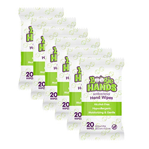 Hand Sanitizer Wipes by Boogie Wipes, Alcohol-Free, Hypoallergenic and Moisturizing Aloe, Boogie Hand Wipes for Adults and Kids, 6 Packs of 20 -120 Total Wipes-