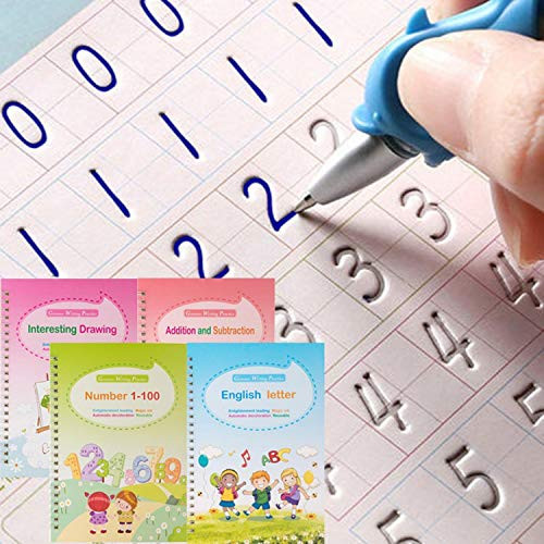 Magic Ink Copybooks for Kids Reusable Handwriting Workbooks for Preschools Grooves Template Design and Handwriting Aid Magic Practice Copybook for Kids The Print Writing -4 Books with Pens-