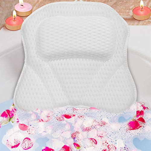 Luxury Spa Bath Pillows for Tub Neck and Back Support with 6 Strong Non-Slip Suction Cups and Comfortable Washable 3D Air Mesh Bath Pillow Fits All Bathtub, Hot Tub, Jacuzzi ?White?