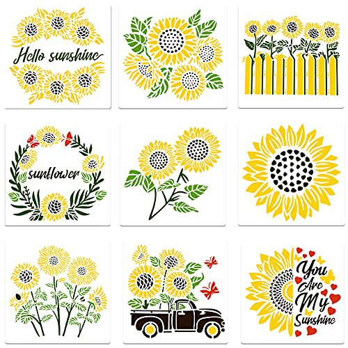 9 Pieces Sunflower Stencil Kit You are My Sunshine Stencil Inspirational Word Stencils Butterfly Reusable Mylar Template Hollow Out Sunflower Stencils for DIY Crafts Home Painting Decor, 12 x 12 Inch