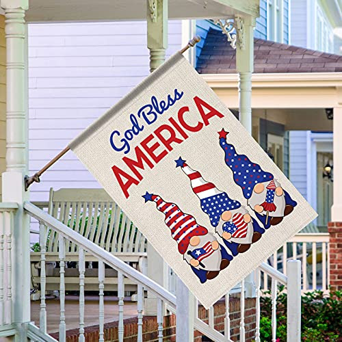 4th of July House Garden Flag America Independence Day Patriotic Gnomes House Garden Flag Strip and Star Welcome Flag God Bless Double Sided Burlap Home Outdoor Decoration Yard -28 x 40 Inch-