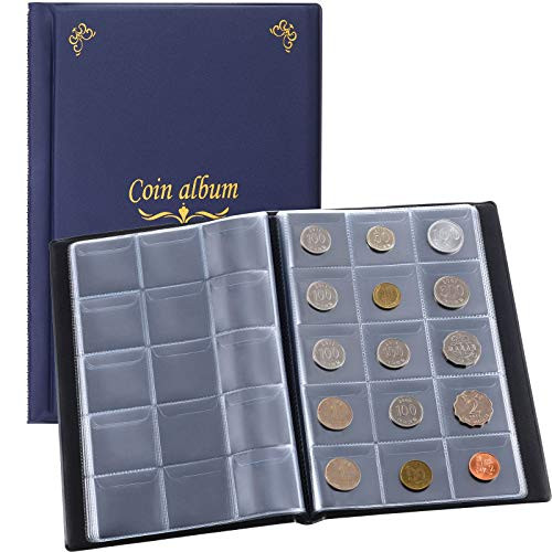 Zonon 150 Pockets Coin Album 1.77 x 1.77 Inch Coin Collection Holder Album Penny Collecting Book Coin Holder Book Coin Storage Album for Coin Collectors -Blue-