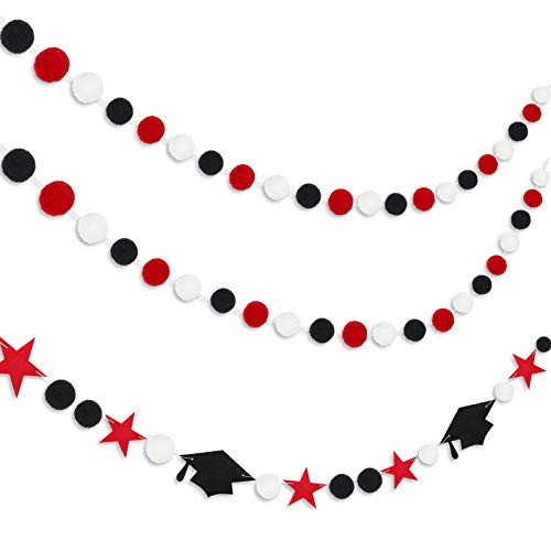 Tranqun 3 Pieces Graduation Pompom Ball Garlands Graduation Cap Stars Garlands Felt Ball Stars Graduation Cap Hanging Garlands for Graduation Party Holiday Decors -Red, Black, White-