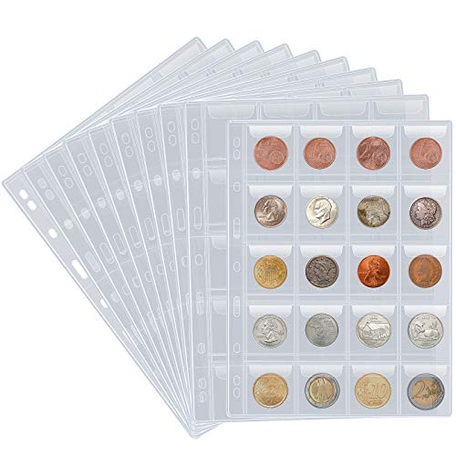 10 Sheets Coin Collection Pages - Coins Pocket Page with 200 Pockets. Coin Binder Inserts Sleeves with Standard 9 Hole for Coin Album. Storage Holder for Currency, Stamp, Badges and Other Supplies