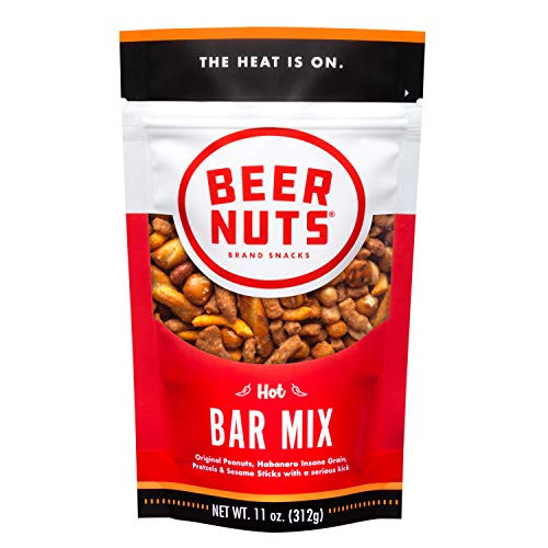 BEER NUTS Hot Bar Mix - 11oz Resealable Bag,, Pretzels, Cheese Sticks, Sesame Sticks, Roasted Corn Nuts, and Original Peanuts