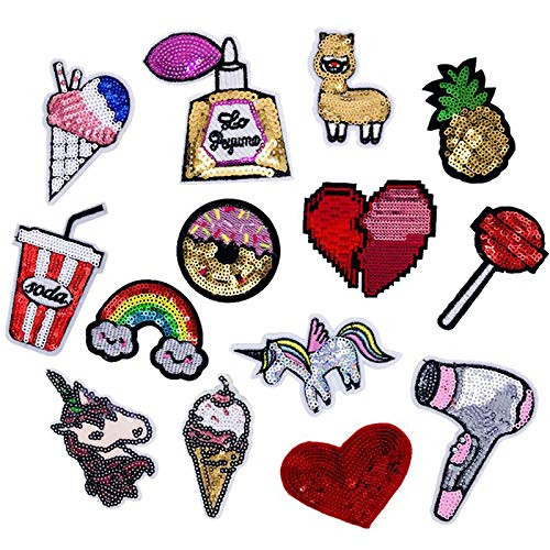 Upriver 14 PCS Mix Sequin Patches Iron on,Heart Sequin Iron on Patches Sew on Patches Embroidered Patches for Clothing Jackets Hats Backpacks Jeans DIY Craft Decorative Applique Patches