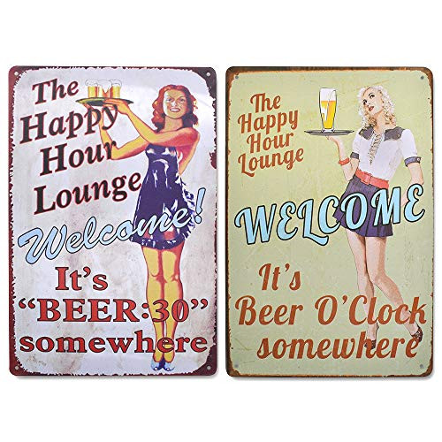 LZYMSZ 2PC Metal Tin Sign,The Happy Hour Lounge Pin-up Girl Poster Vintage Metal Tin Sign, Vintage Poster Plaque Garage for Home Bar Wall Decor