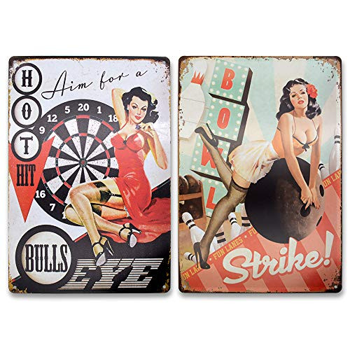 LZYMSZ Vintage Metal Tin Sign,Bulls Eye Hot Hit Aim for a Pin up Girl Plague Poster, Bowl Strike Vintage Metal Tin Signs for Cafes Bars Pubs Shop Wall Decora Retro Signs 8x12 Inch