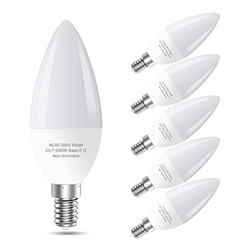 E12 LED Candle Light Bulbs, 60 Watt Equivalent Chandelier Light Bulbs, 5000K Daylight Ceiling Fan Light Bulbs, 25000 plus Long Lifespan Type B B11 Small Lightbulbs, Non-Dimmable 6 Pack