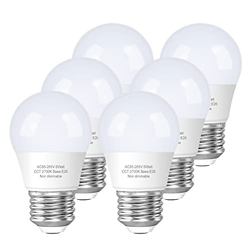 A15 LED Bulb, E26 Medium Base Appliance Light Bulb, 2700K Warm White Ceiling Fan Light Bulbs, G45 Shape Small Lightbulbs, Non-dimmable, 6 Pack