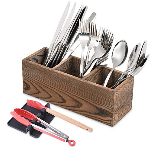 Rustic Wood Utensil Caddy with 1 Silicone Spoon Rest, Countertop Kitchen Utensil Holder, 3 Compartment Silverware Caddy Organizer