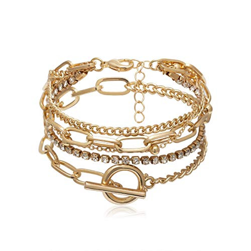 Konpicca Gold Chain Bracelets 14K Gold Plated Dainty Link Paperclip Choker Bracelet Stack Gold Small Ball Beads Bracelets Adjustable Layered Metal Link Bracelet