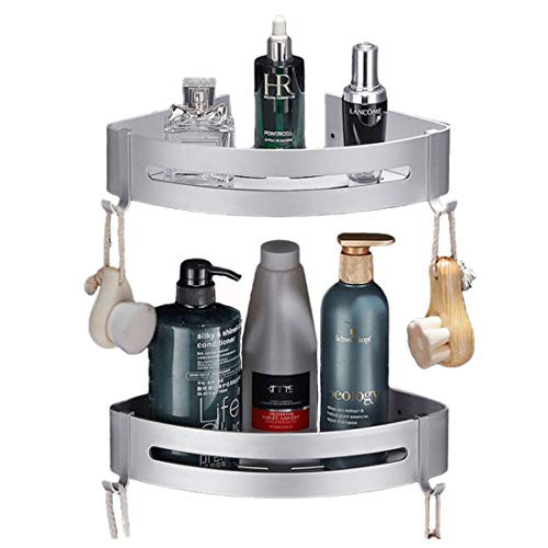 Shower Corner Caddy with 4 Removable Hooks, Wall Mounted Corner Shower Shelf Shower Corner Organizer, Strong Adhesive Bathroom Corner Shelf or Bathroom, Toilet, Dorm, Kitchen -Silver-