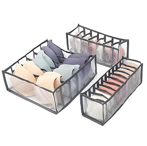 3 Set Underwear Drawer Organizer Divider, Foldable Closet Underwear Organizer, Underwear Storage Box Compartment for Bra, Socks, Ties -Gray-