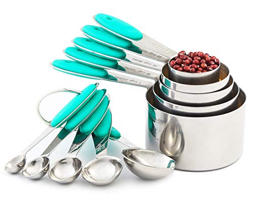 VOJACO 10 Piece Measuring Cups and Spoons Set, Stainless Steel Measuring Cups and Spoons with Silicone Handle, Metal Kitchen Tools and Gadgets for Cooking, Baking, Dry, Wet Food Measurement -Teal-