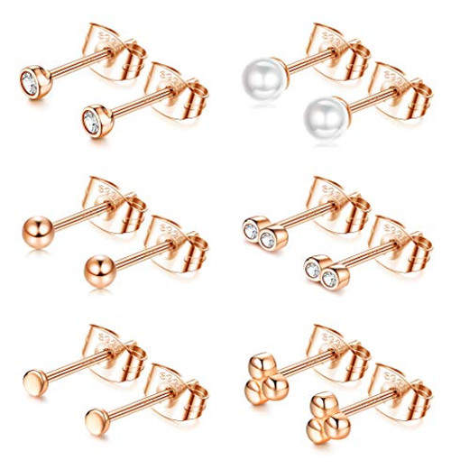 Drperfect 6 Pairs 925 Sterling Silver Stud Earrings for Women Egirl Tiny Pearl Ball CZ Stud Earrings Cute Hypoallergenic Cartilage Earrings 2-4mm