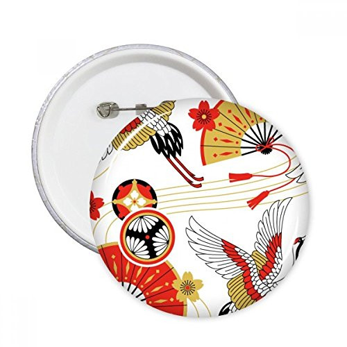 Crane Folding Fan Sakura Pattern Round Pins Badge Button Clothing Decoration Gift 5pcs