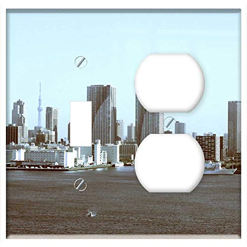 2-Gang, Toggle Outlet Combination Wall Plate Cover - Tokyo City Skyline Harbour Boats Cityscape Urban