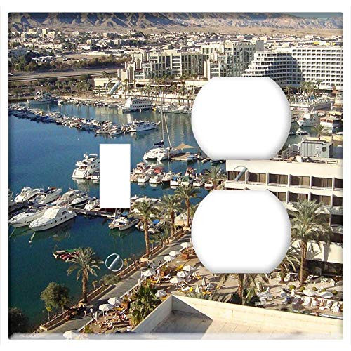 2-Gang, Toggle Outlet Combination Wall Plate Cover - Eilat Israel Harbour Architecture Skyline City