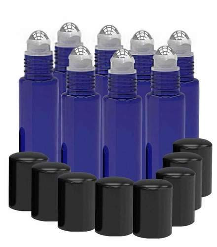 8 Pack - Essential Oil Roller Bottles -Metal Chrome Roller Ball- 10ml Refillable Glass - Blue