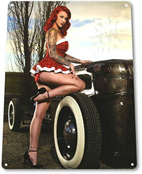 PixDecor Red Rider Pinup Girl Sexy Hot Rod Car Garage Auto Shop Wall Decor Metal SignFunny Tin Sign Metal Sign Metal Decor Wall Sign Wall Poster Wall Decor Door Plaque TIN Sign 8x12 INCH