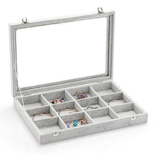 Wuligirl Ice Velvet Clear Lid 12 Grid Jewelry Tray Showcase Display Storage Rings Earrings Bracelet(12 Grid)