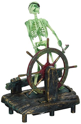 Penn-Plax Aerating Action Ornament, Skeleton at The Wheel  Moving Aquarium Decor Decoration