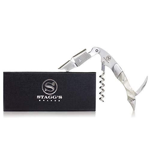 Premium Double Hinged Waiter's Wine Corkscrew by Stagg's Brands- Stainless Steel Wine Key with Wood and Resin Inlay- Perfect Wine Opener for Waiters, Sommeliers and Bartenders (Pearl) Premium Double Hinged Waiter's Wine Corkscrew by Stagg's Brands- Stainless Steel Wine Key with Wood and Resin Inlay- Perfect Wine Opener for Waiters, Sommeliers and Bartenders (Pearl)