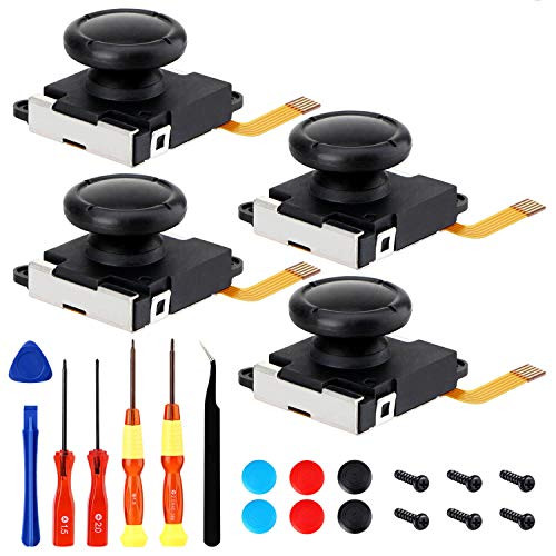 Joycon Joystick Replacement,-4 Pack- 3D Analog Left/Right Thumb Sticks Sensor Cap for Nintendo Switch Joy Con Controller, Include Full Repair Tool Set -25 in 1-