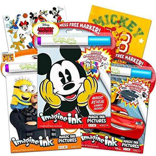 Disney Mickey Magic Ink Coloring Book Set -- 3 Imagine Ink Books for Kids Toddlers Featuring Mickey, Disney Cars and Minions with Invisible Ink Pens and Mickey Mouse Stickers -Mess-Free Coloring-