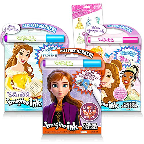 Disney Princess Mess-Free Coloring Book Set ~ 3 Piece Disney Princess and Frozen Imagine Ink Activity Books - Frozen Activity Bundle with Stickers -Disney Princess Coloring Books-