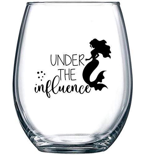 Mermaid Under the Influence - Funny BFF Birthday Gift Idea - Girls Bachelorette Party Presents - Best Friend Gift For Women Her - 15 oz Dishwasher Safe Stemless Wine Glass