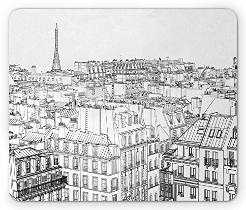 Ambesonne Paris Mouse Pad, Architecture Theme Design Illustration of Roofs in Paris and Eiffel Tower Print, Rectangle Non-Slip Rubber Mousepad, Standard Size, Black and White