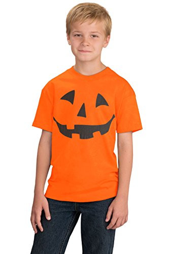 Jack O' Lantern Pumpkin Youth T-Shirt/Easy Halloween Costume Fun Tee-Orange-Small